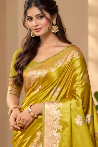 lime yellow satin woven work traditional saree