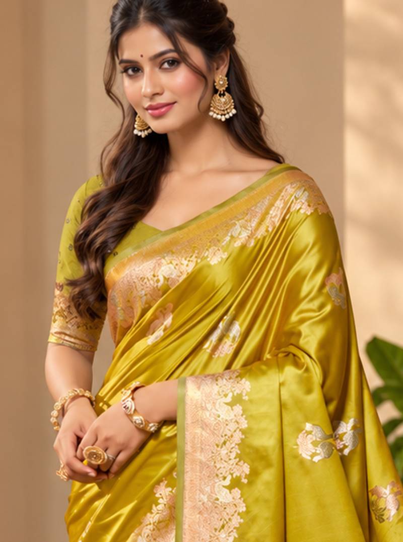 lime yellow satin woven work traditional saree