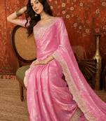 Pink tissue satin embroidered saree with unstitched blouse piece.