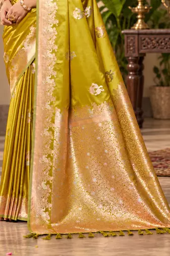 lime yellow satin woven work traditional saree