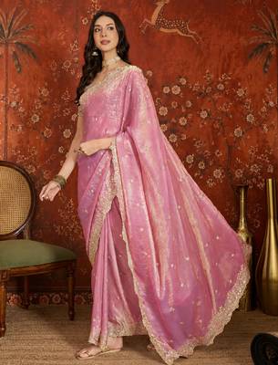 Pink tissue satin embroidered saree with unstitched blouse piece. 3