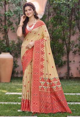 beige with red silk blend woven work traditional saree 1