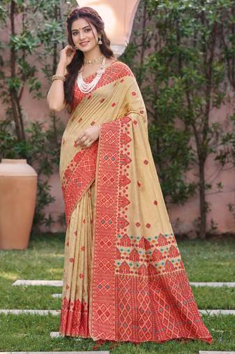 beige with red silk blend woven work traditional saree