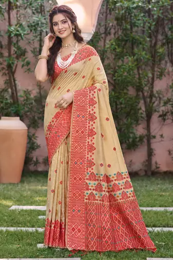beige with red silk blend woven work traditional saree