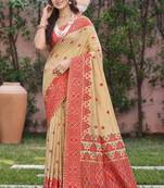 beige with red silk blend woven work traditional saree