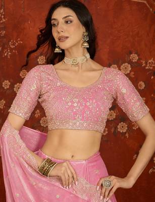 Pink tissue satin embroidered saree with unstitched blouse piece. 4