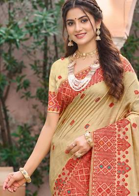 beige with red silk blend woven work traditional saree 2