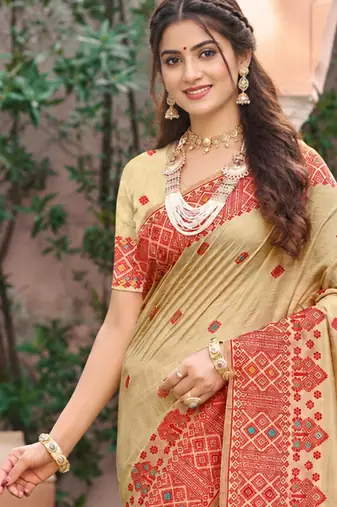beige with red silk blend woven work traditional saree