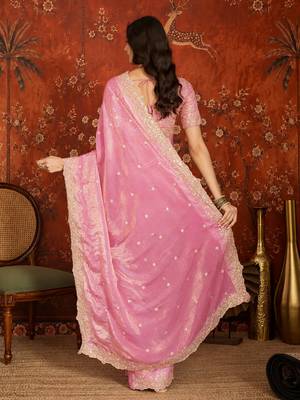 Pink tissue satin embroidered saree with unstitched blouse piece. 5