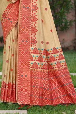 beige with red silk blend woven work traditional saree 3