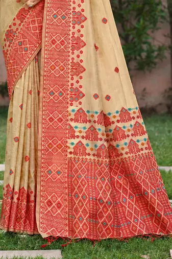 beige with red silk blend woven work traditional saree