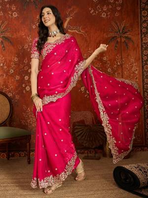 Rani tissue satin embroidered saree with unstitched blouse piece. 1