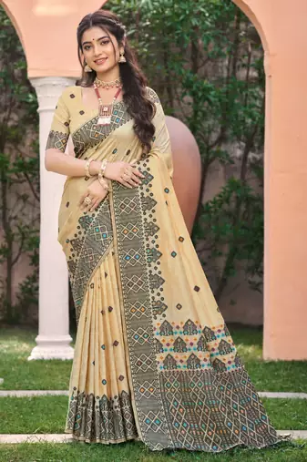 beige with black silk blend woven work traditional saree