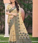 beige with black silk blend woven work traditional saree