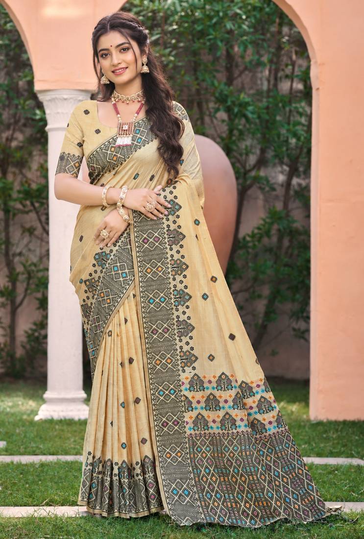 beige with black silk blend woven work traditional saree