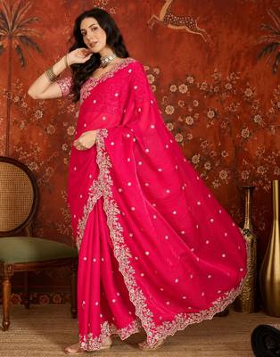 Rani tissue satin embroidered saree with unstitched blouse piece. 3