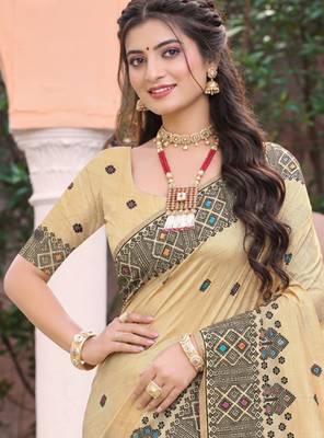 beige with black silk blend woven work traditional saree 2