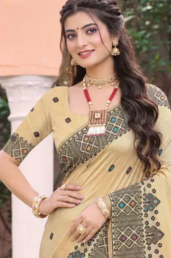 beige with black silk blend woven work traditional saree