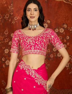 Rani tissue satin embroidered saree with unstitched blouse piece. 4