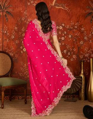 Rani tissue satin embroidered saree with unstitched blouse piece. 5