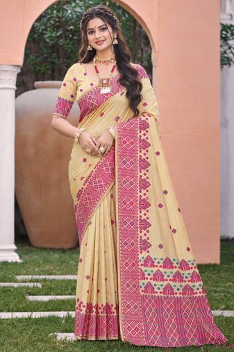 beige with pink silk blend woven work traditional saree