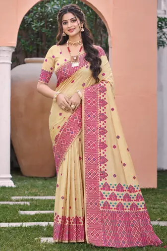 beige with pink silk blend woven work traditional saree
