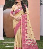 beige with pink silk blend woven work traditional saree