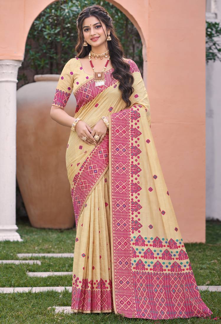 beige with pink silk blend woven work traditional saree