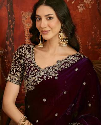 Wine tissue satin embroidered saree with unstitched blouse piece. 2