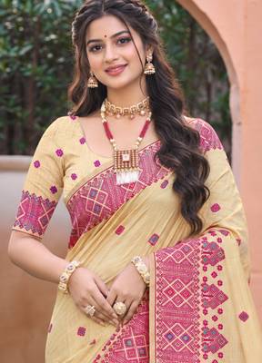 beige with pink silk blend woven work traditional saree 2