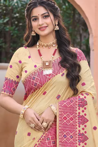 beige with pink silk blend woven work traditional saree