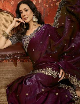 Wine tissue satin embroidered saree with unstitched blouse piece. 4