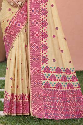 beige with pink silk blend woven work traditional saree 3
