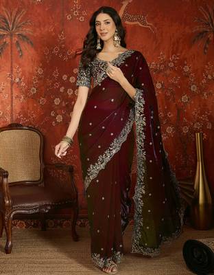 Wine tissue satin embroidered saree with unstitched blouse piece. 5