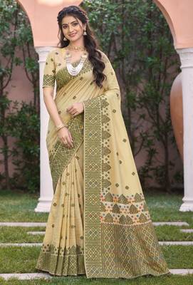 beige with green silk blend woven work traditional saree 1