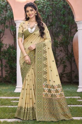 beige with green silk blend woven work traditional saree
