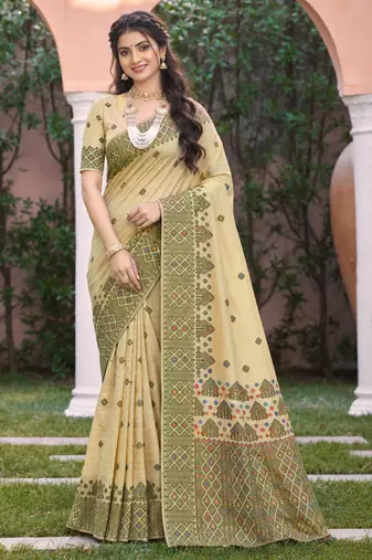 beige with green silk blend woven work traditional saree