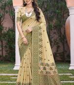 beige with green silk blend woven work traditional saree