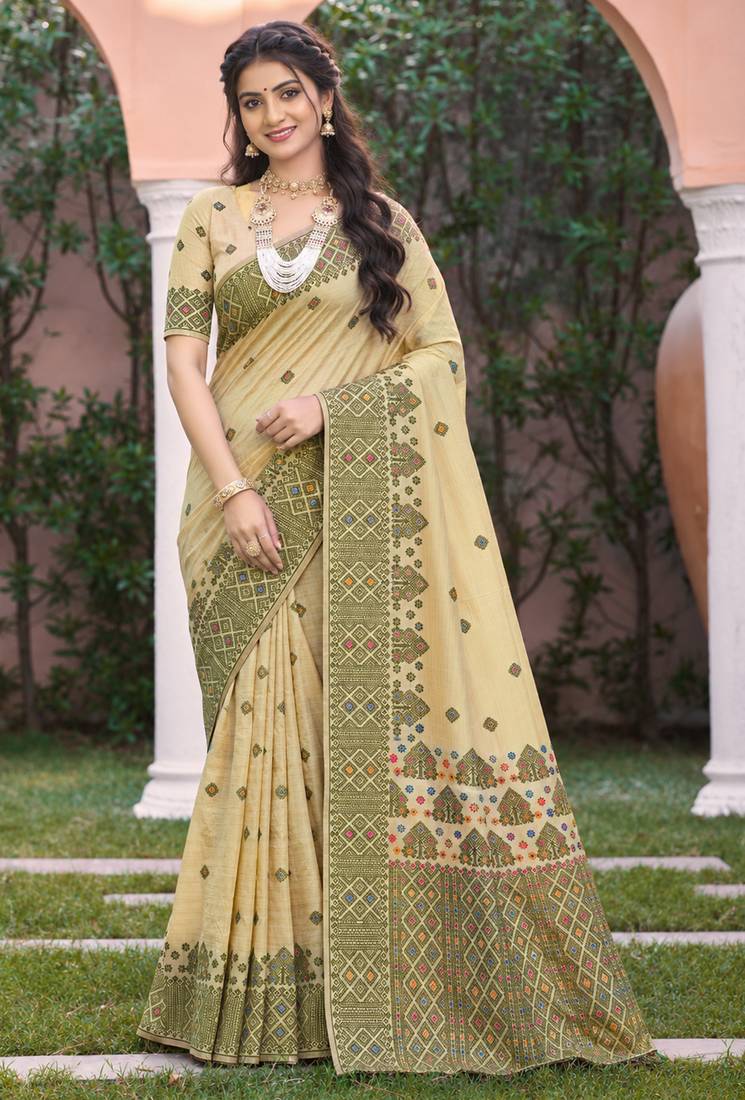 beige with green silk blend woven work traditional saree