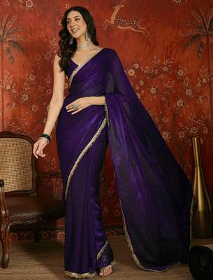Purple tissue satin embrellished saree with unstitched blouse piece. 2