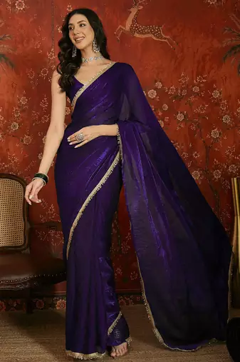 Purple tissue satin embrellished saree with unstitched blouse piece.
