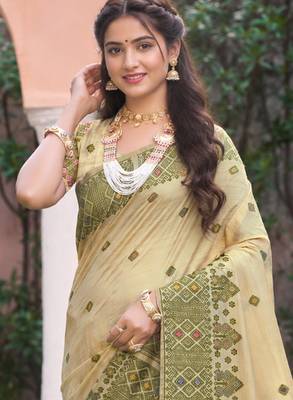 beige with green silk blend woven work traditional saree 2