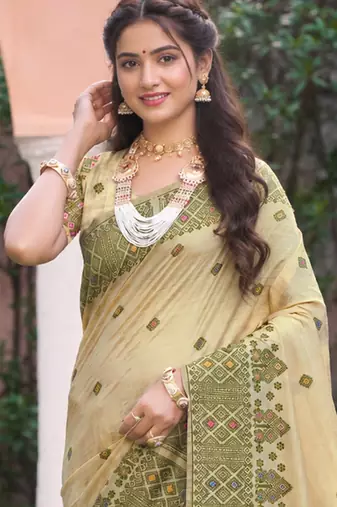 beige with green silk blend woven work traditional saree