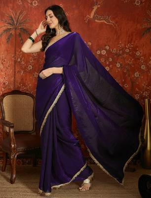Purple tissue satin embrellished saree with unstitched blouse piece. 3