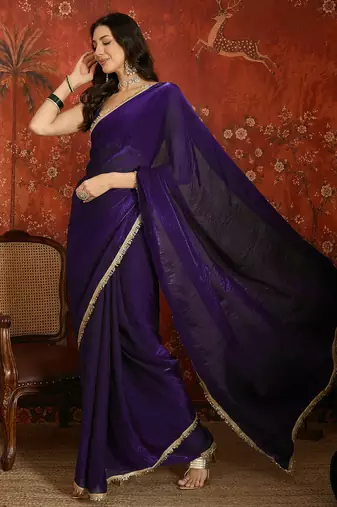 Purple tissue satin embrellished saree with unstitched blouse piece.