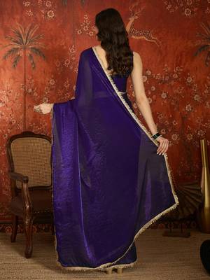 Purple tissue satin embrellished saree with unstitched blouse piece. 5