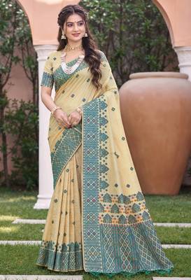 beige with teal blue silk blend woven work traditional saree 1