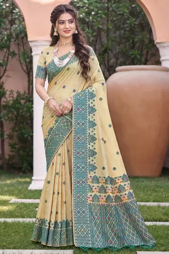 beige with teal blue silk blend woven work traditional saree