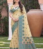 beige with teal blue silk blend woven work traditional saree