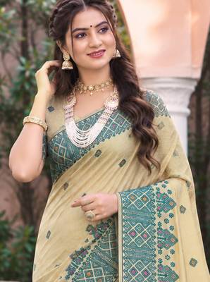 beige with teal blue silk blend woven work traditional saree 2